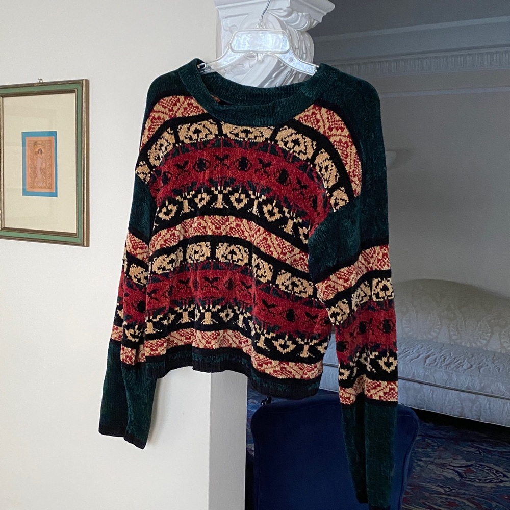 C B Milligan Santa Fe NM Boxy Southwestern 100% Rayon Chenille Sweater L